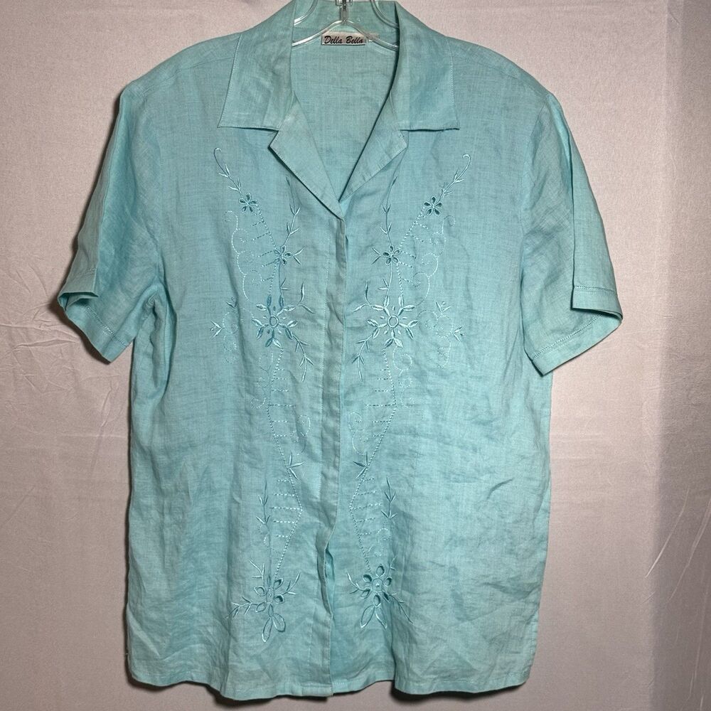 Della Bella 100% Linen Embroidered Button Front Shirt Aqua Large Floral Summer
